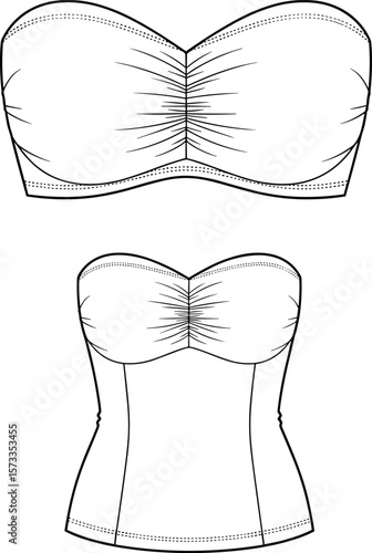 Stylish Strapless Bandeau Top with Ruched Detail, Feminine Underwear Fashion Illustration for Designers