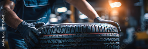 tire changing tyre repair car service shop background banner with copy space, close-up of auto mechanic hand on tire in automobile fixing garage