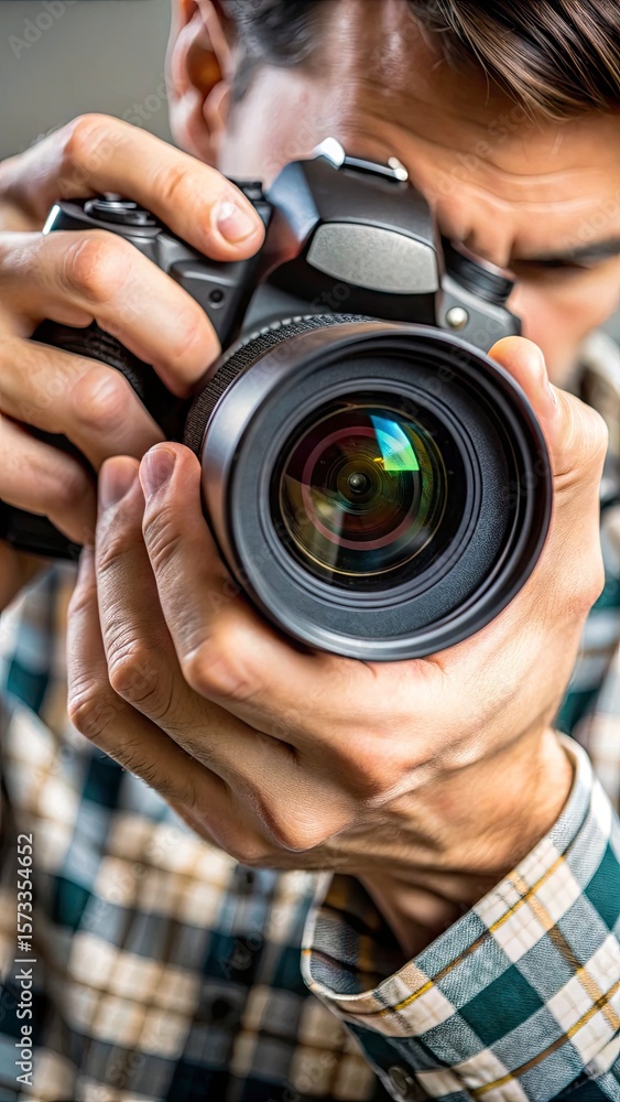 A close-up of a photographer’s hands adjusting the focus ring on a professional camera A close-up of a photographer’s hands adjusting the focus ring on a professional camera