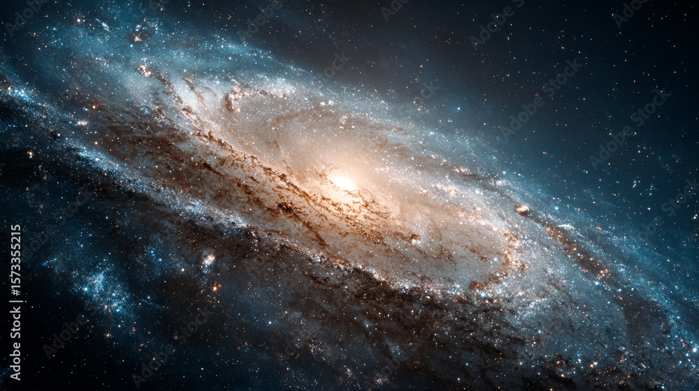 Fototapeta premium Galaxy shines with bright center, stars twinkle. Use for space concepts, science, backgrounds, astronomy, technology.