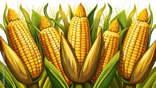   close up Golden organic corn on the cob, kernels glistening in neat rows, peeks from husks in a cozy, harvest-style composition evoking countryside charm and late summer abundance.. White background