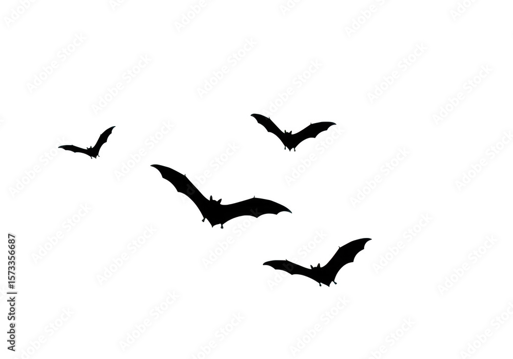 Obraz premium Three black bat silhouettes fly against a stark transparent background