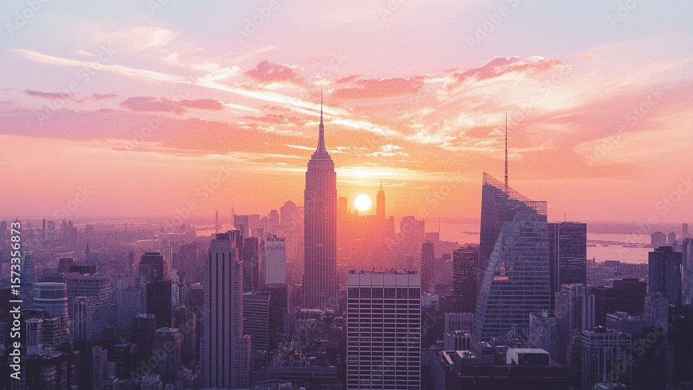 Fototapeta premium Urban skyline at sunset illustrated in watercolor aesthetic with focus on startup culture theme. Ideal for marketing, editorial, or educational uses.