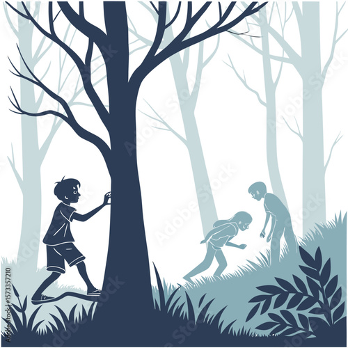 Two children playing hide and seek in a stylized forest with a large dark tree and other lighter trees in the background