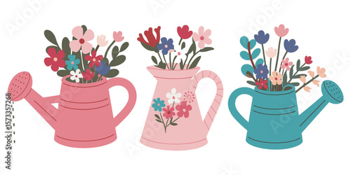 cottage core flower bouquets in watering cans and pitcher ? vintage floral arrangements vector illustration set for cards, packaging, spring decor and crafts