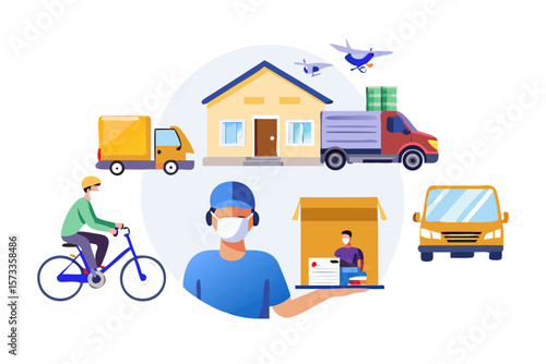 Delivery services featuring trucks bicycles a house and a person holding packages and boxes