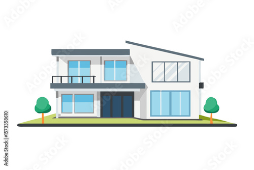 Modern two story white house with large windows and a balcony surrounded by green grass and trees