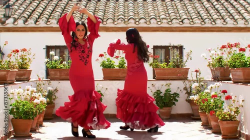 Female flamenco dancers in red dresses performing dance on traditional spanish terrace. concept of cultural dance, festive performance, celebrating heritage