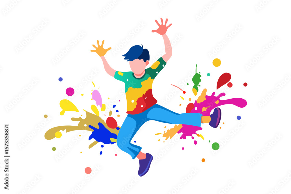 Joyful person jumping with vibrant colorful paint splashes celebrating a festival of colors Joyful person jumping with vibrant colorful paint splashes celebrating a festival of colors