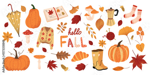 Autumn cozy elements collection. Fall leaves, pumpkins, mushrooms, warm sweater, umbrella, boots, socks, tea time and croissant. Cute seasonal vector set isolated on white background.