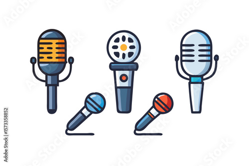 Collection of five colorful flat design microphones on a black background for audio recording and broadcasting