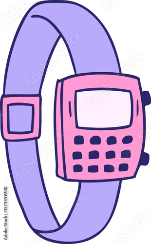 hand drawn cartoon doodle of a retro watch in bright neon color