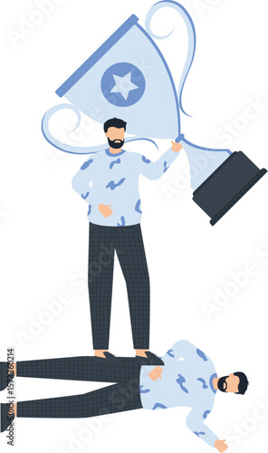 Winner Holding Trophy, Victory Concept, Business Success, Teamwork, Achievement, Flat Design,blue trophy, white background, flat design, casual shirt, black pants, thumbs down, winning attitude,