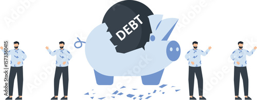 Debt Piggy Bank Exploding with Men, Financial Crisis Concept, Economic Troubles, Bankruptcy, Financial Problems,financial crisis, economic troubles, broken piggy, debt concept, financial problems,