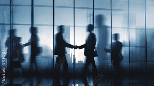 Business agreement concept showing blurred silhouette of business people shaking hands near large window in office building showing blurry cityscape.