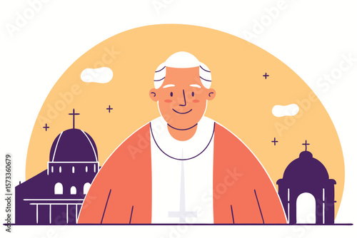 Stylized vector portrait of solemn catholic bishop, traditional church vestments and cross pendant
