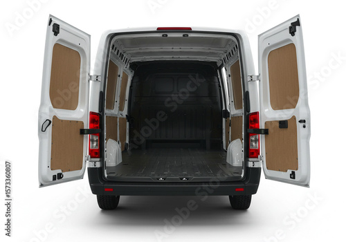 Rear view of white van with open back doors revealing empty cargo space interior on white background