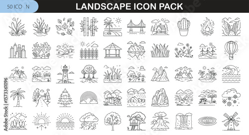 Scenic Nature and Landscape Line Icon Set - Vector pack of 50 landscape-themed line icons featuring trees, mountains, lakes, beaches, and natural scenery elements for design use.
