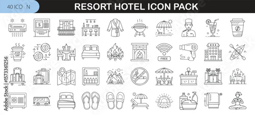 40 Line Icons for Resort and Hotel Services - Thin line icon set of 40 resort and hotel-themed illustrations, featuring amenities, travel, food, and leisure activities.
