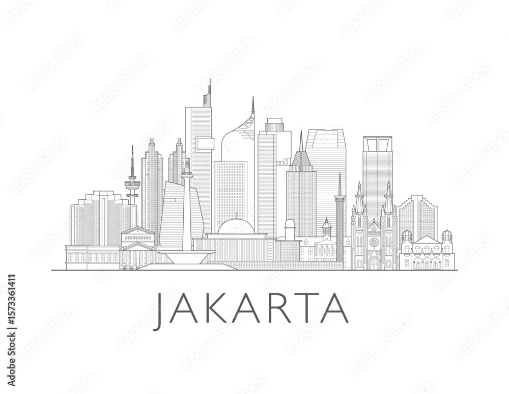 Fototapeta premium Jakarta, Indonesia, cityscape illustration skyline drawing