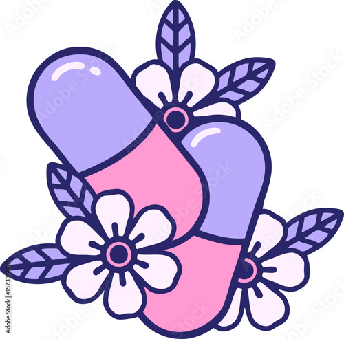 iconic tattoo style image of pills and flowers in bright neon color