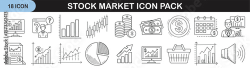 Outline icon set for stock market and financial trading - Linear icons representing stock trading and financial market concepts such as charts, indices, investments, alerts, profits, portfolios
