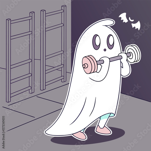 Cartoon ghost lifting weights in a gym with bats flying over its head in a stylized illustration