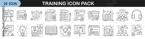Outline icon set for training, learning, and development - Linear icons representing training and education processes including courses, books, charts, presentations, tutorials, skills, and support to