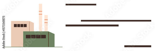 Factory buildings with smokestacks releasing horizontal lines, emphasizing industrial emissions and environmental harm. Ideal for pollution awareness, climate change, global issues, sustainability