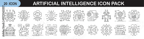 Outline icon set of artificial intelligence and robotics - Linear icons representing AI technology concepts such as neural networks, robots, machine learning, automation, data processing, and smart sy