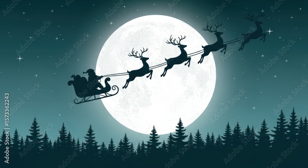 Santas sleigh pulled by reindeer flies across the moonlit sky on christmas eve Santas sleigh pulled by reindeer flies across the moonlit sky on christmas eve