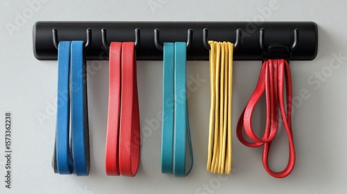Colorful exercise bands on a wall rack