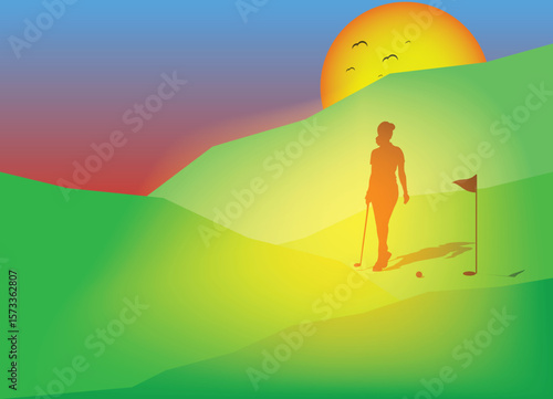 Golfer walking on sunny golf course at sunset