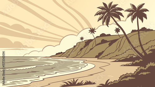 Retro beach landscape with palm trees vector illustration for summer vacation and tropical travel design
