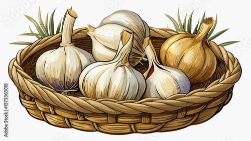   close up Pale organic garlic bulbs with papery skin and long roots rest in a rustic basket, perfect for illustrating the timeless value of nature’s flavor and healing in vector art.. White backgroun