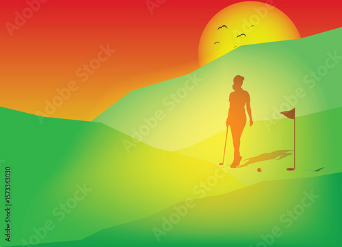 Golfer walking on sunny golf course at sunset