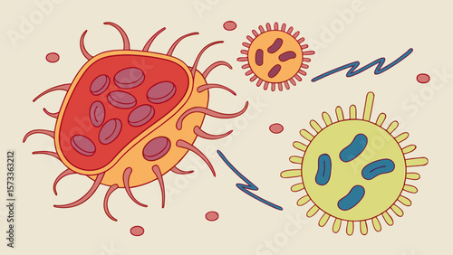 Illustration of virus cells infection and disease spread for medical and science education use