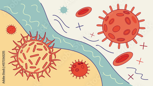 Illustration of virus cells and blood cells in a body for medical or educational purposes, health concept