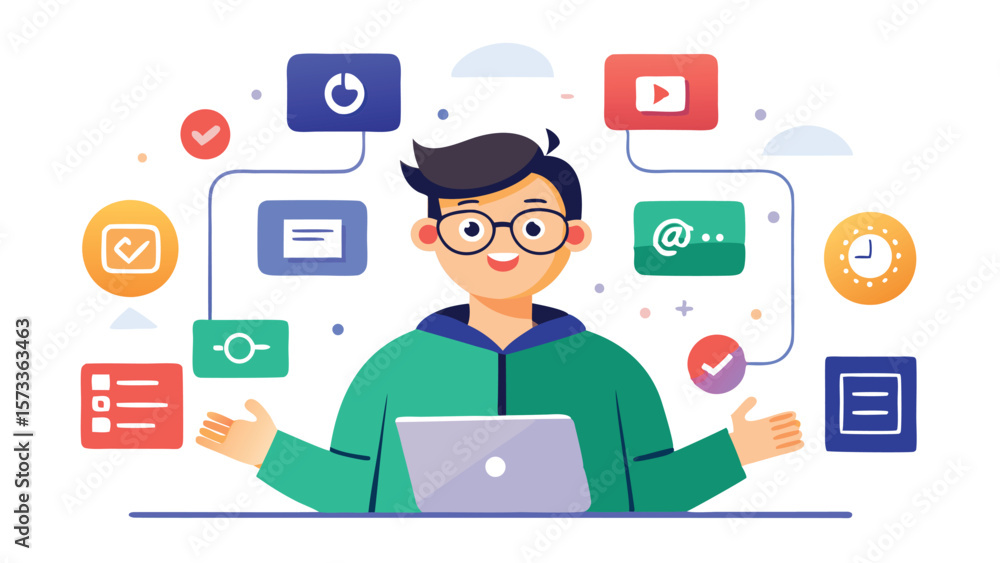 Illustration of a man with a laptop surrounded by various icons representing digital tasks and tools Illustration of a man with a laptop surrounded by various icons representing digital tasks and tools