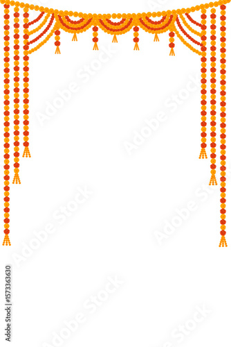 indian hindu wedding elements vector marigold floral garland vector, wedding and festival decoration, border flower decoration with transparent background
