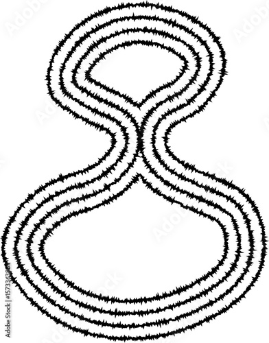 Shape resembling an hourglass, formed by curved concentric irregular lines, conveying a sense of balance and symmetry.