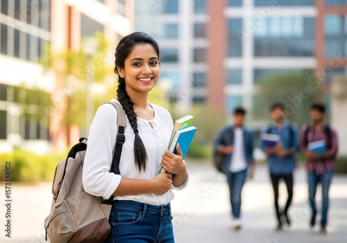 Smiling Indian female student with backpack on university campus