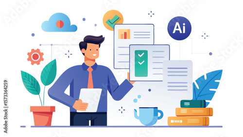 Man holding clipboard with ai and documents cloud gear plant and books in a bright office setting