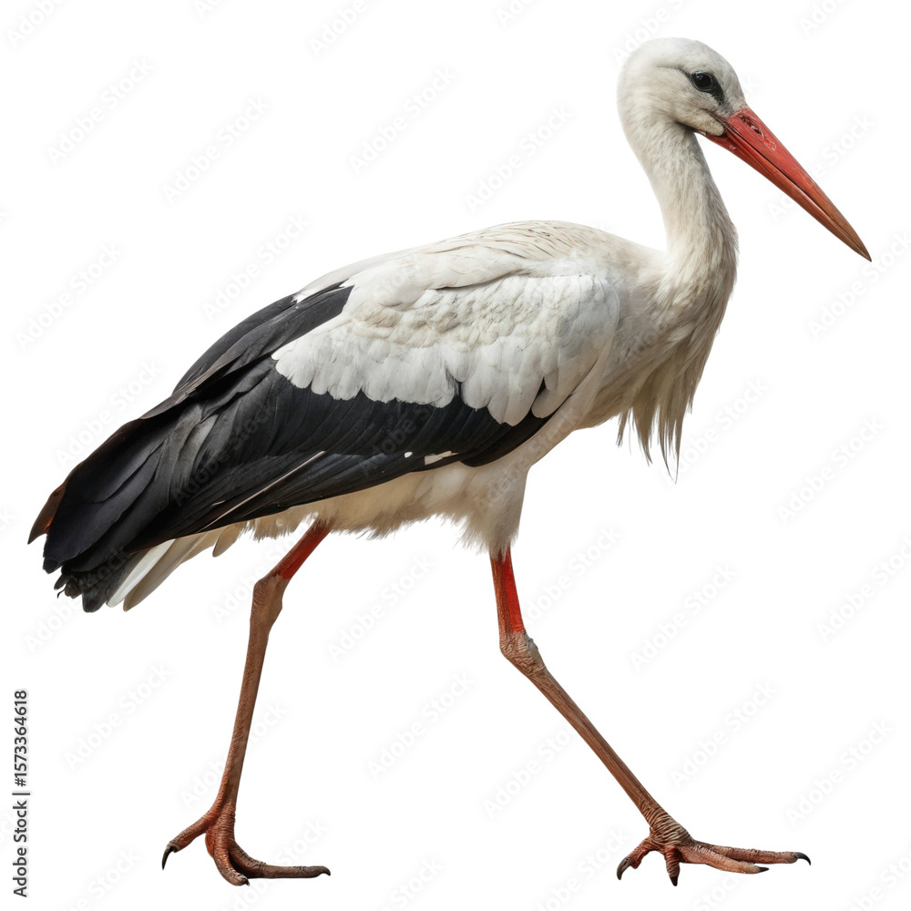 Fototapeta premium White stork walking gracefully against a plain white background