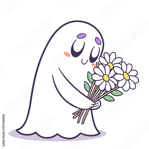 Cute ghost holding a bouquet of white daisies with yellow centers and green leaves in its arms lovingly