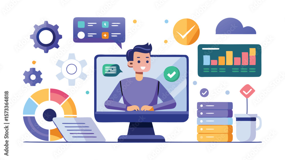 Illustration of a man on a computer screen surrounded by data charts and workflow elements Illustration of a man on a computer screen surrounded by data charts and workflow elements