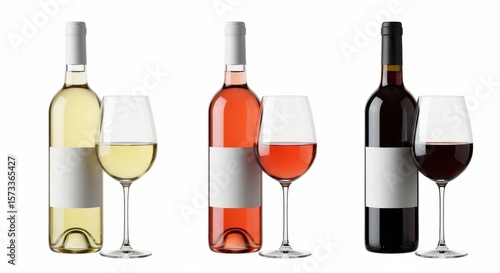 Wallpaper Mural Three wine bottles with glasses, including red, white, and rose, isolated on a clean white backdrop Torontodigital.ca