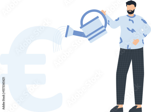 Euro Symbol Being 'Watered' by Man with Watering Can, Financial Growth Concept,financial concept, euro symbol, watering can, investment growth, money management, business finance, wealth creation,