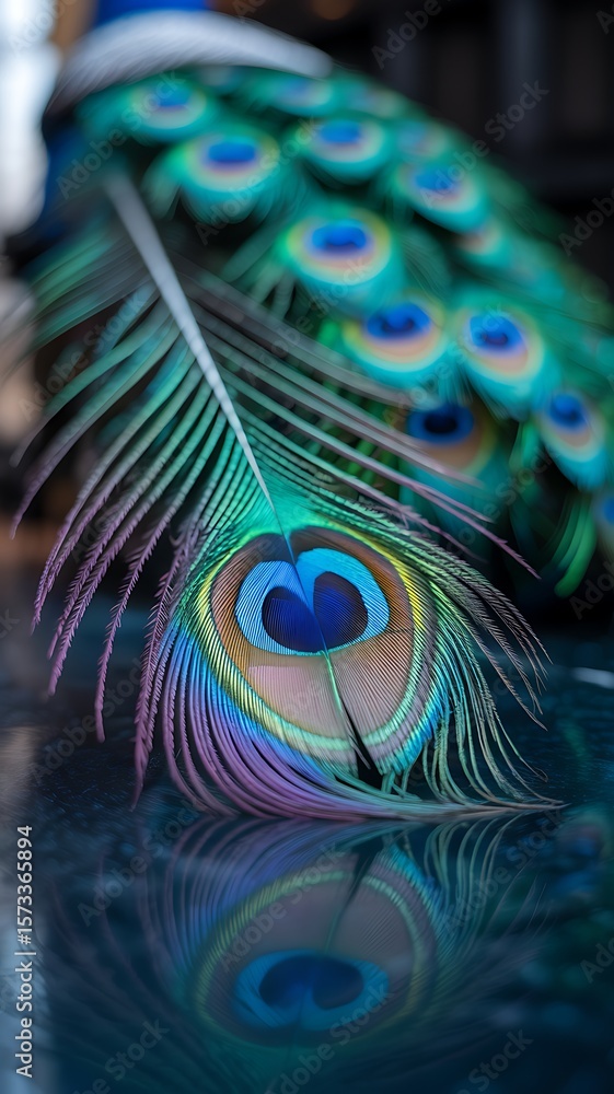 Naklejka premium Iridescent Peacock Feather With Eye Pattern blue green