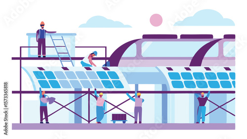 Illustration of workers installing solar panels on a building with a sun and clouds in the sky